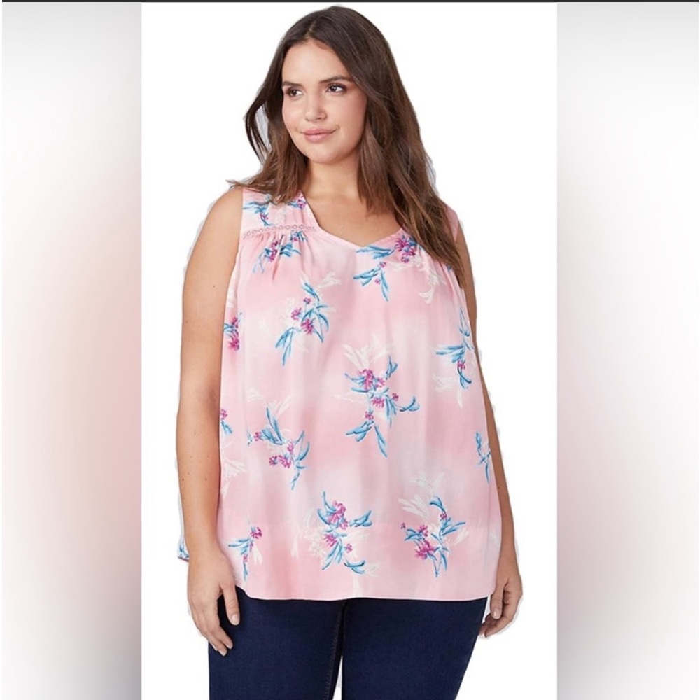 Lane Bryant Top Pink Aqua Floral Swing Tank Shell Size 16 EUC Barbie Core